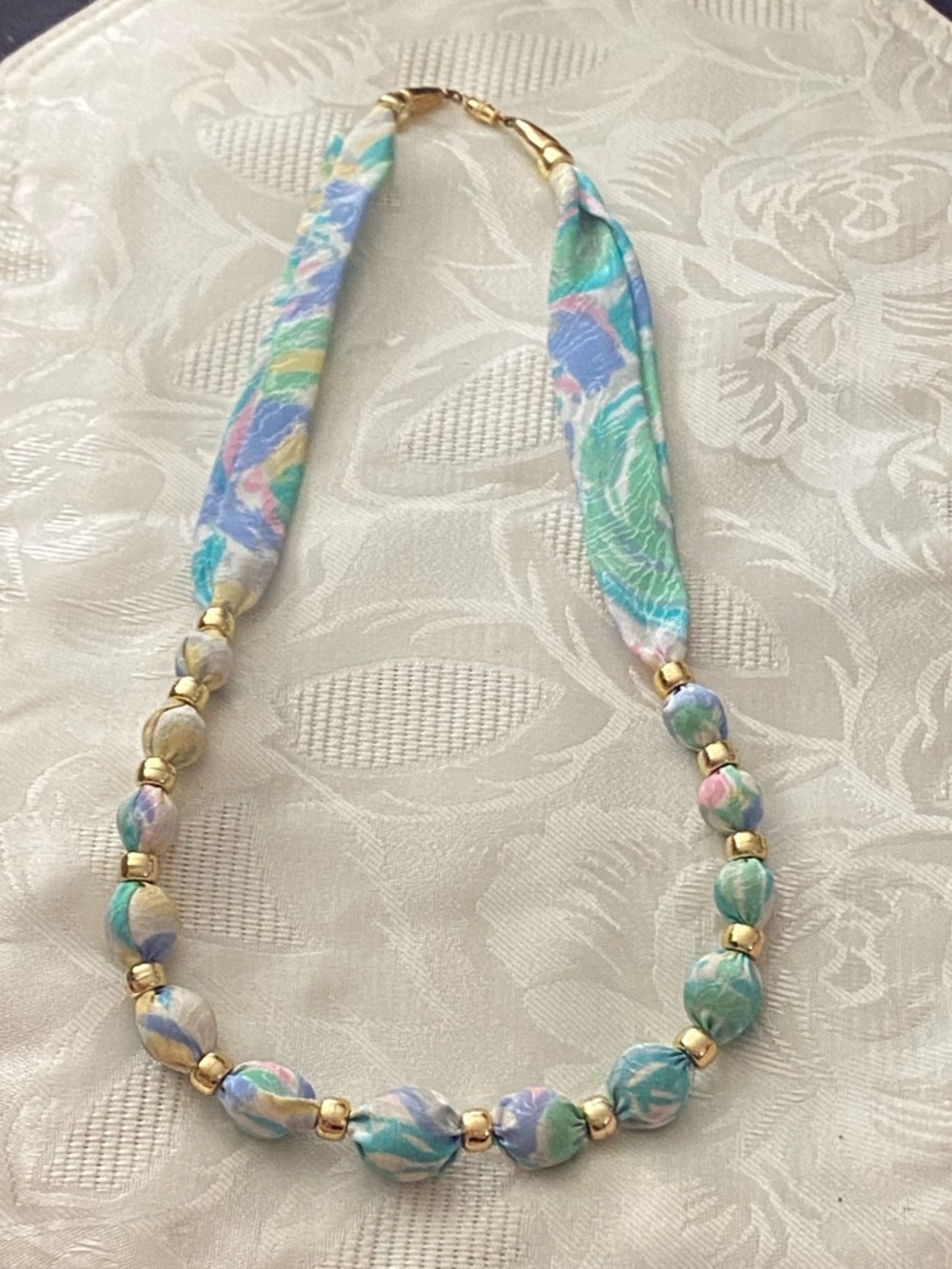 26” Necklace Fabric Wrapped & Gold Tone Beads Pastel Pink & Blue Beach Tropical